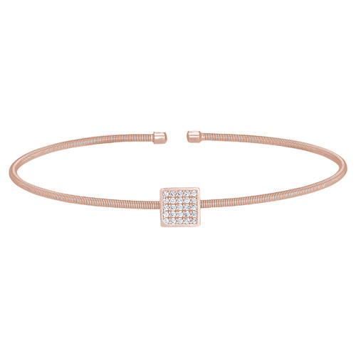 Rose Gold Finish Sterling Silver Cable Cuff Square Bracelet w/Simulated Diamonds