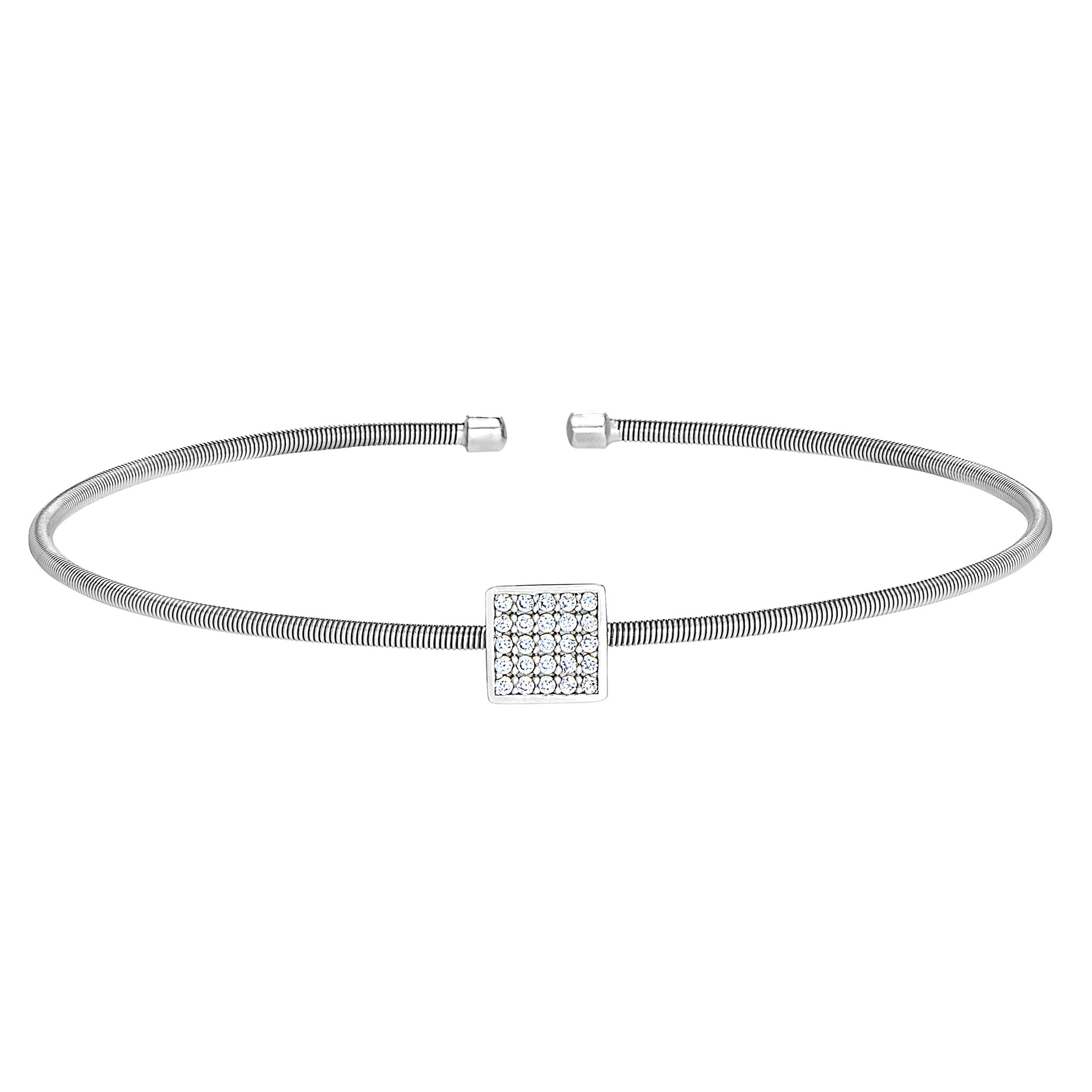 Rhodium Finish Sterling Silver Cable Cuff Square Bracelet w/Simulated Diamonds