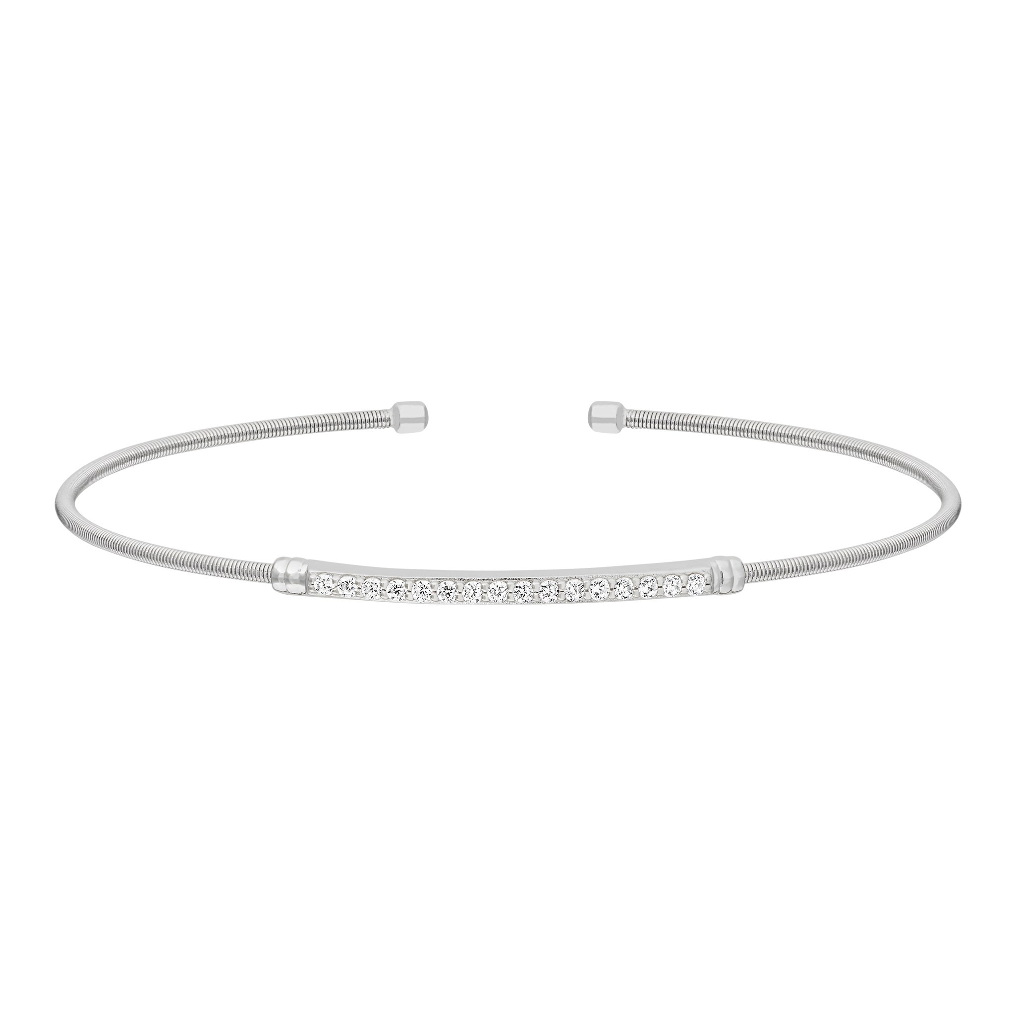 Sterling Silver Rhodium Finish Cable Cuff Bracelet with Simulated Diamond Birth Gems - April