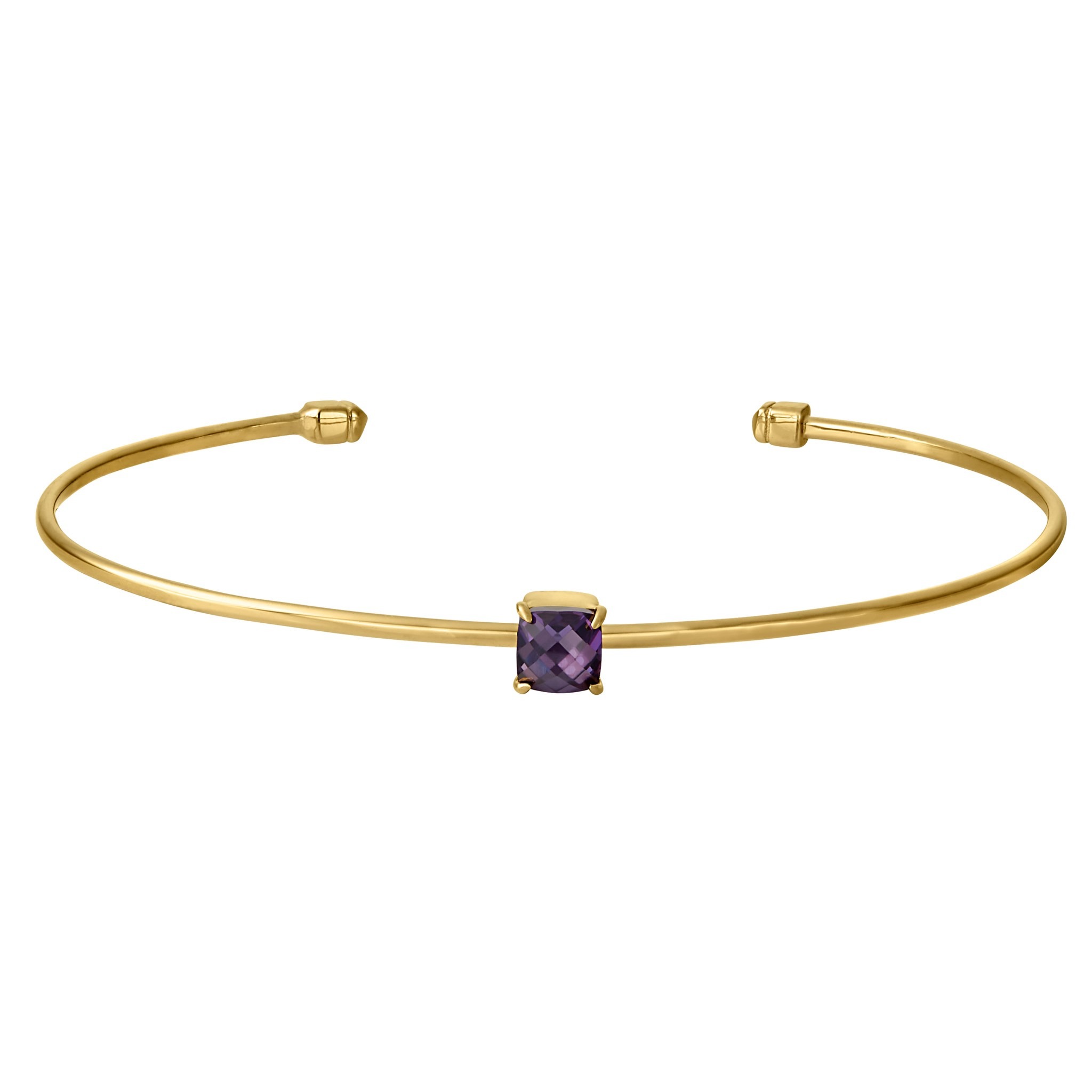 Gold Finish Sterling Silver Pliable Cuff Bracelet with Faceted Cushion Cut Simulated Amethyst Birth Gem - February