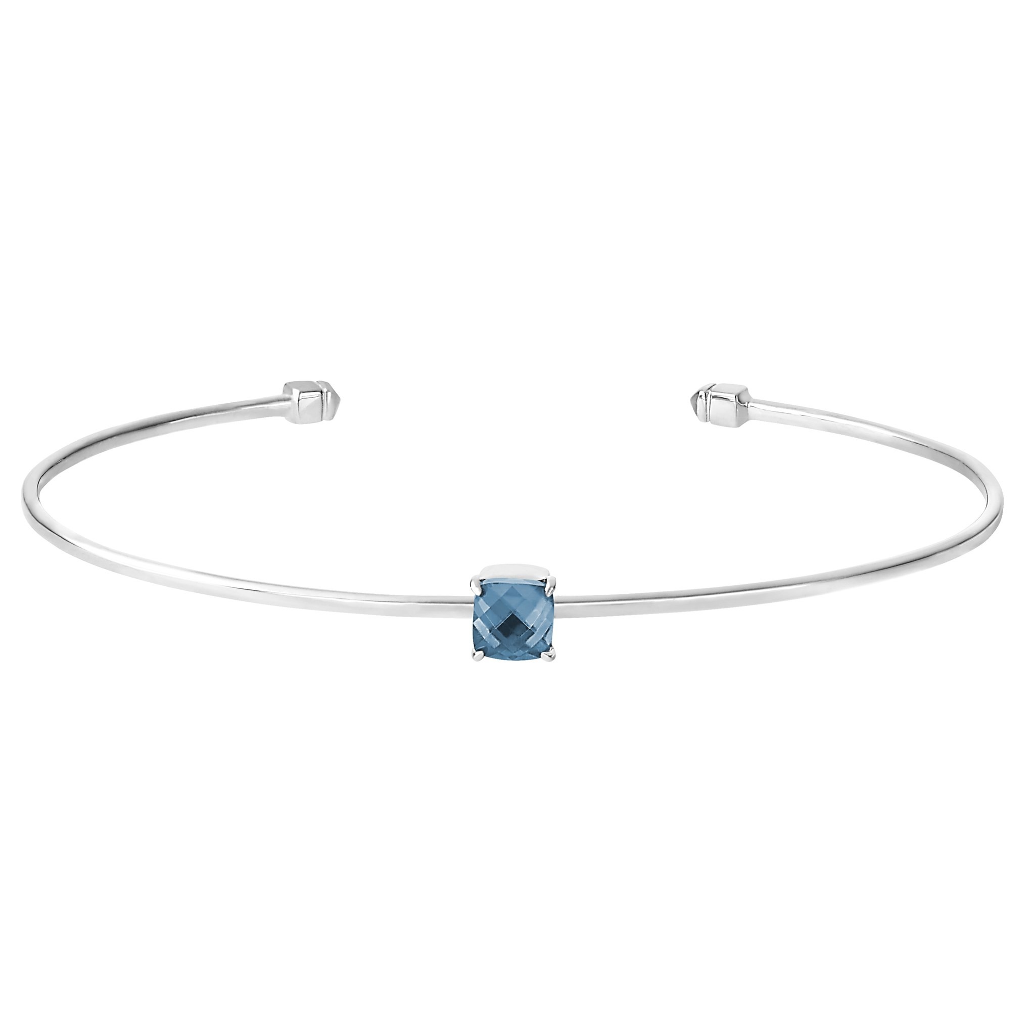 Rhodium Finish Sterling Silver Pliable Cuff Bracelet with Faceted Cushion Cut Simulated Aqua Marine Birth Gem - March