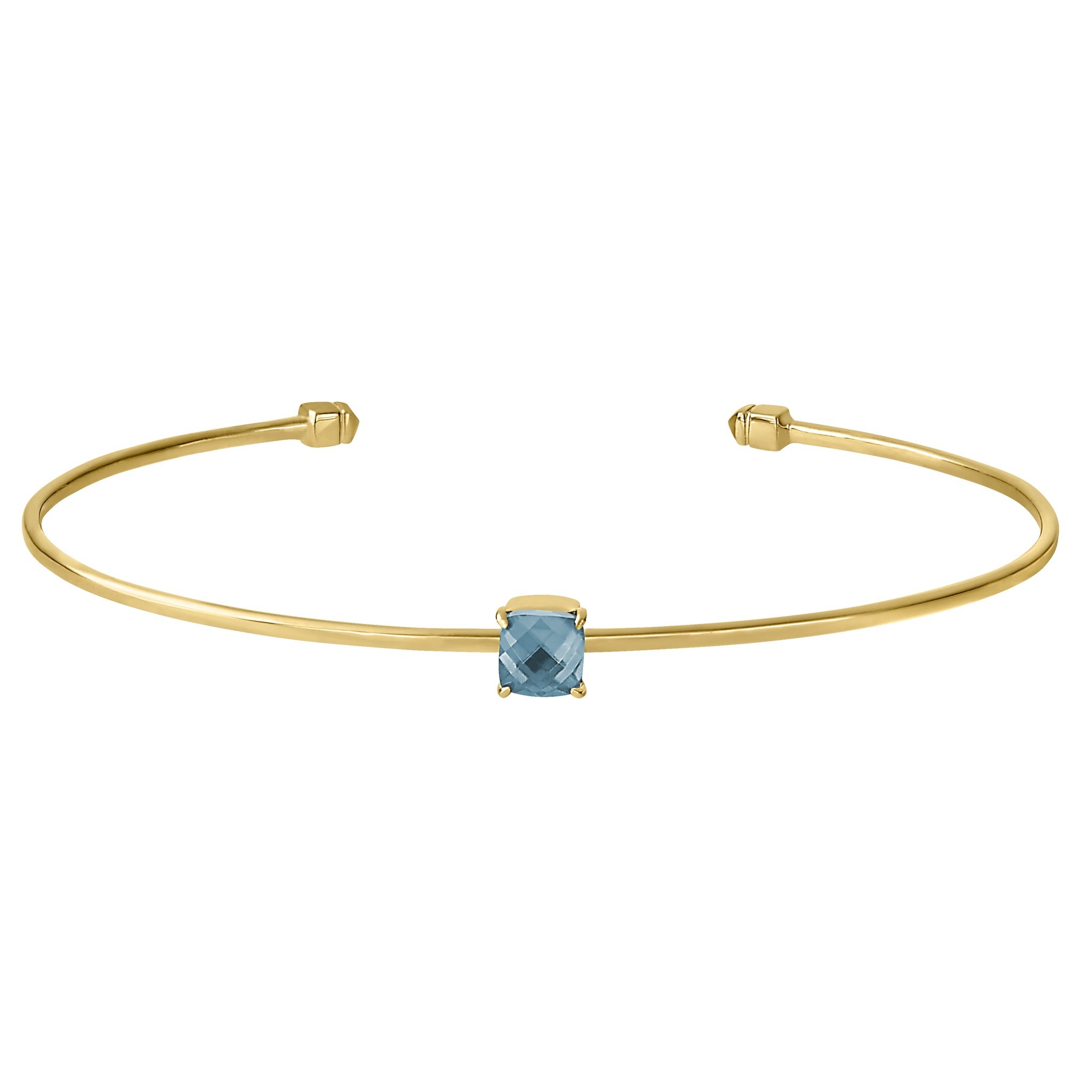 Gold Finish Sterling Silver Pliable Cuff Bracelet with Faceted Cushion Cut Simulated Aqua Marine Birth Gem - March