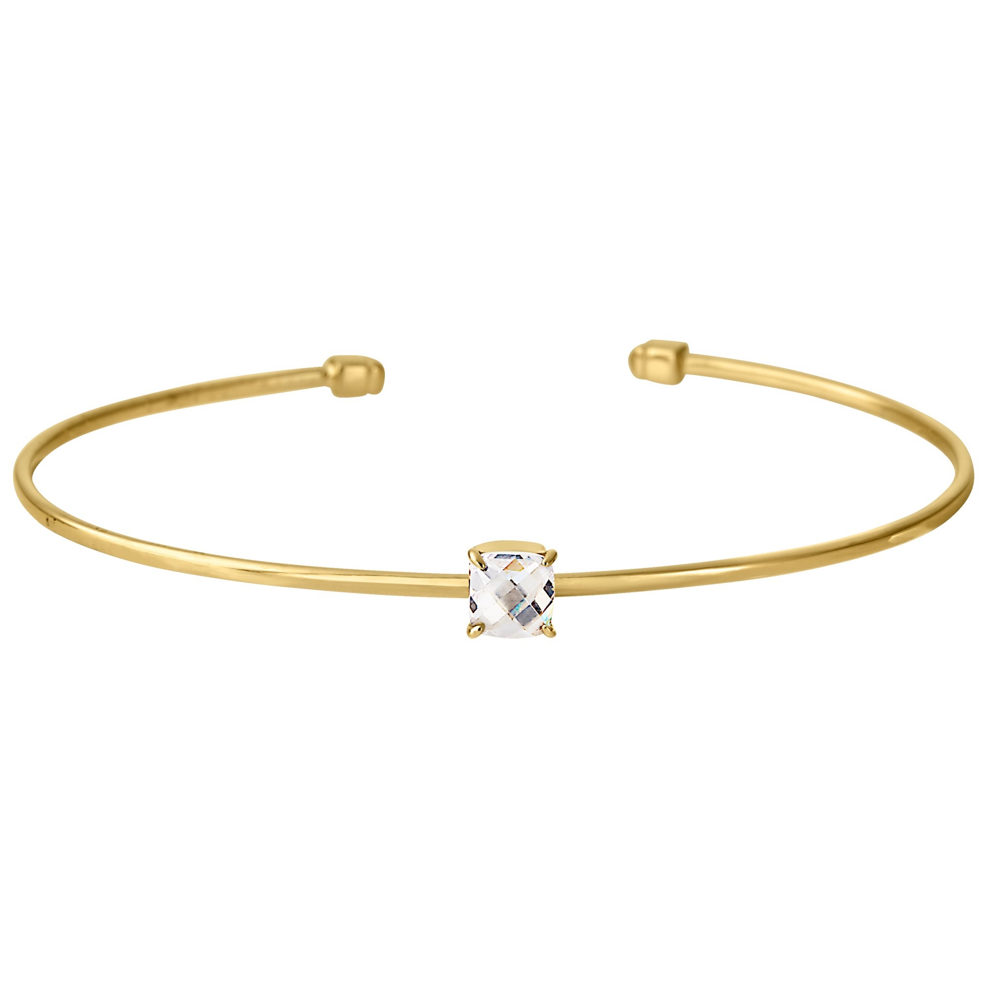Gold Finish Sterling Silver Pliable Cuff Bracelet with Faceted Cushion Cut Simulated Diamond Birth Gem - April