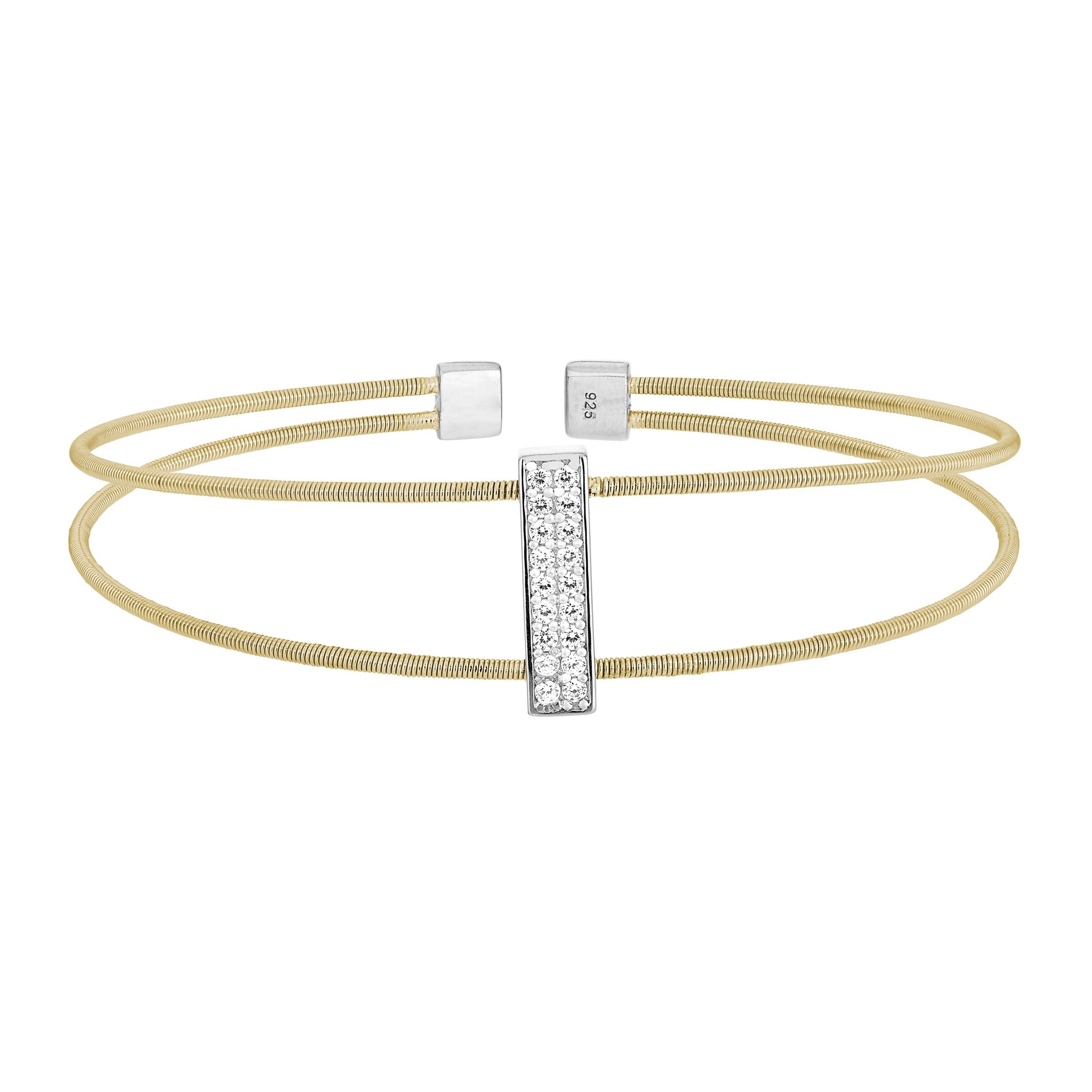 Gold Finish Sterling Silver Two Cable Cuff Bracelet with Rhodium Finish Simulated Diamond Double Row Vertical Bar
