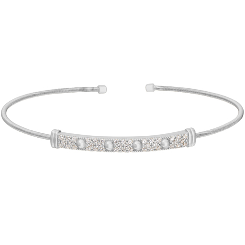 Rhodium Finish Sterling Silver Cable Cuff Bracelet w/Four Beads & Simulated Diamonds