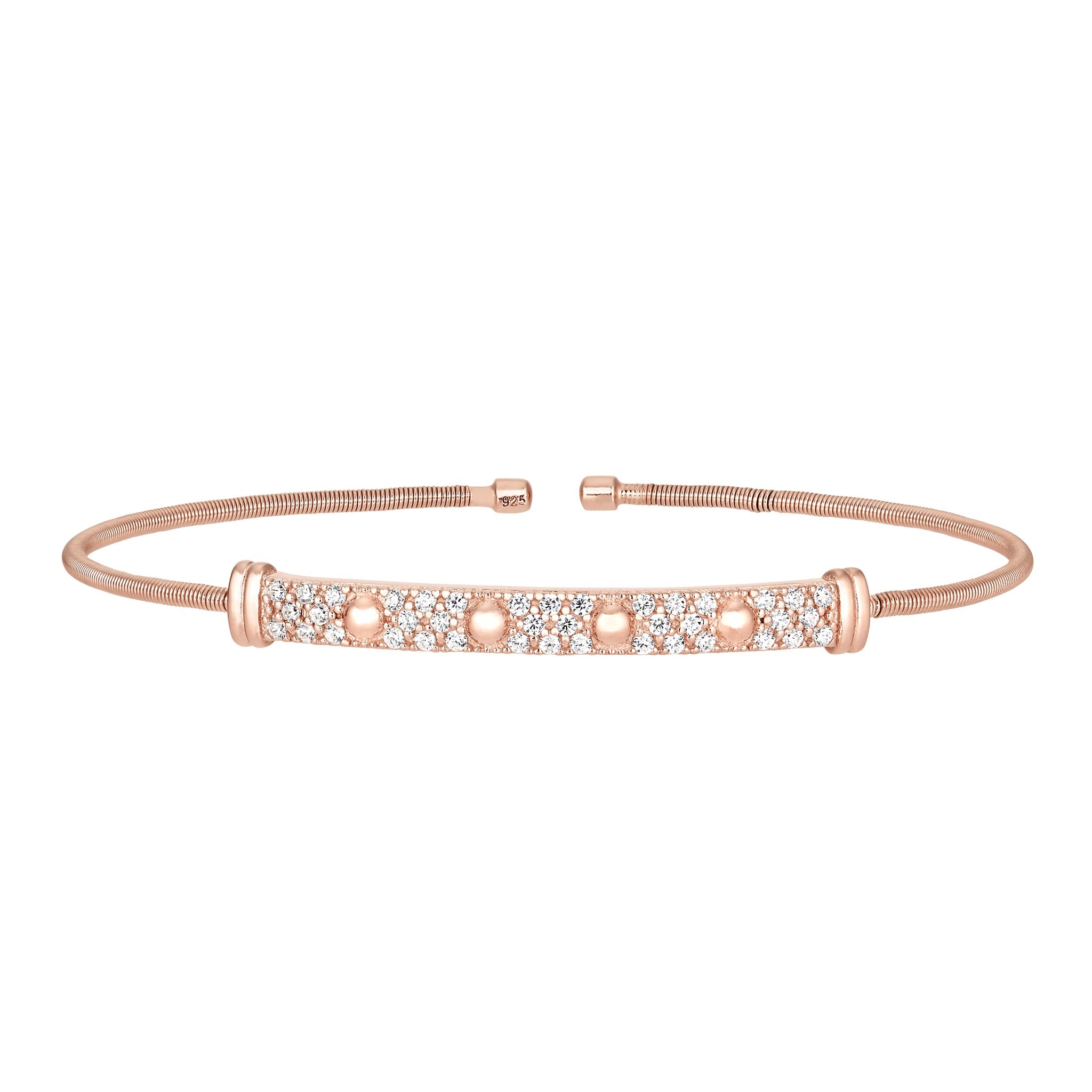 Rose Gold Finish Sterling Silver Cable Cuff Bracelet w/Four Beads & Simulated Diamonds