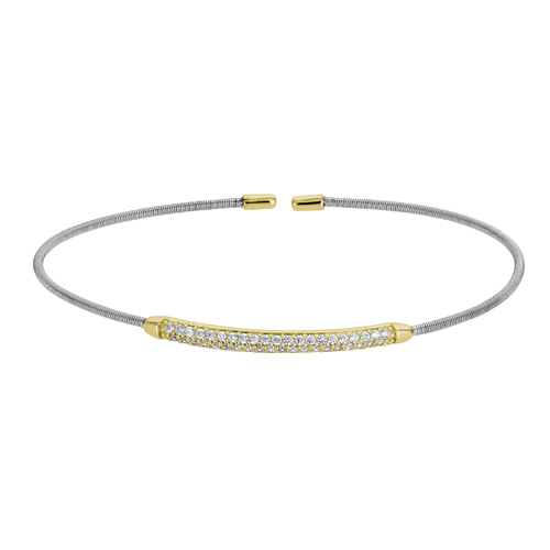 Rhodium Finish Sterling Silver Single Cable Cuff Bracelet w/Gold Finish Double Row Simulated Diamonds
