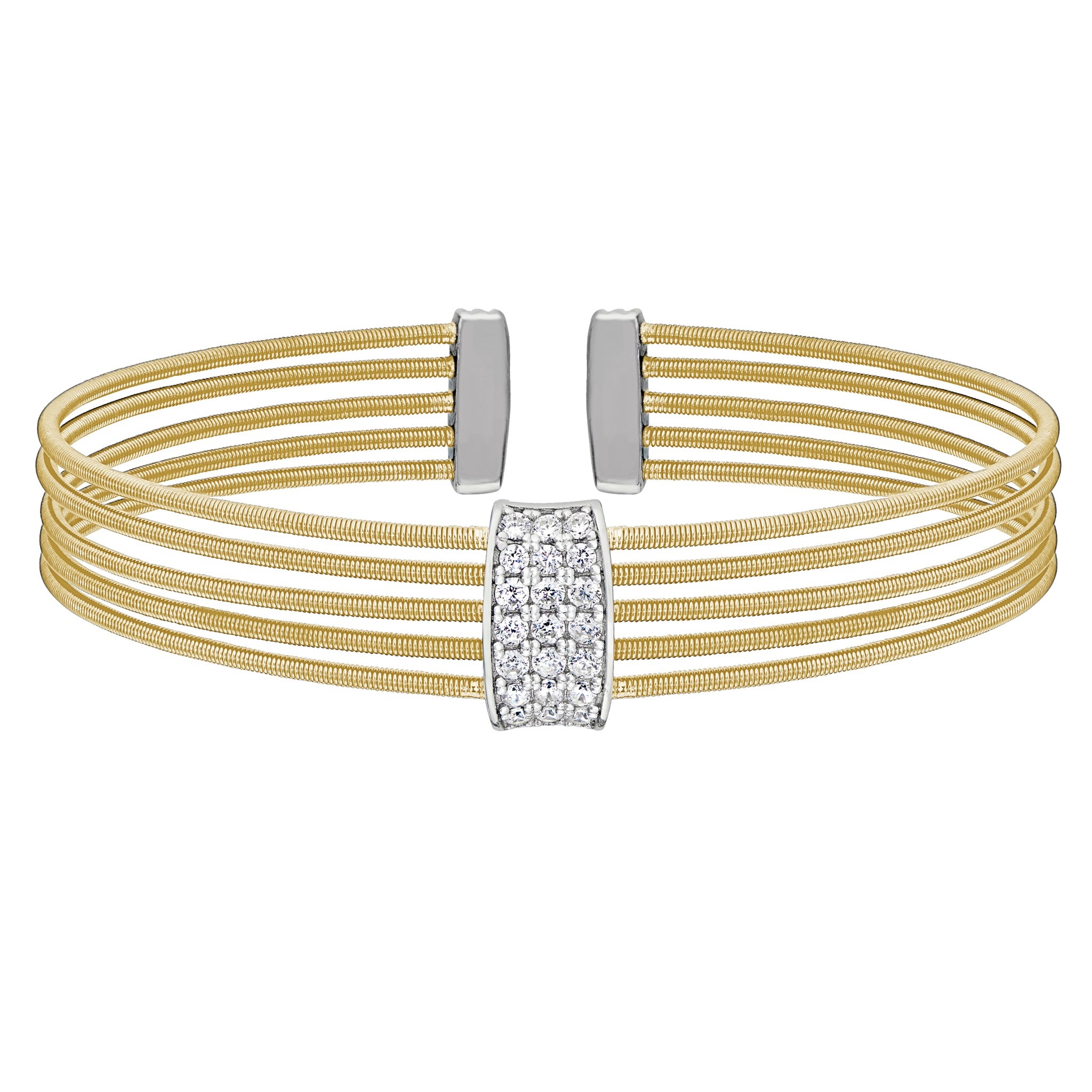 Gold Finish Sterling Silver Multi Cable Cuff Bracelet with Rhodium Finish Simulated Diamond Three Rows