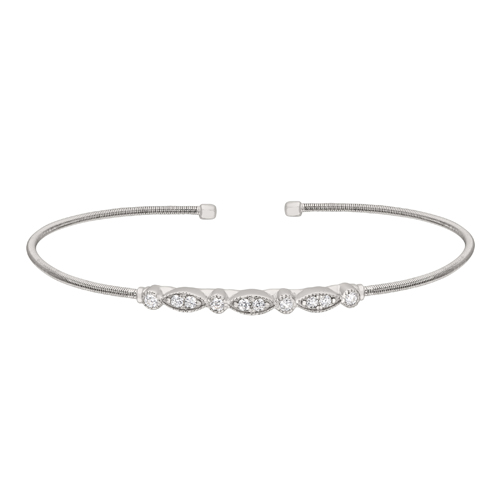 Rhodium Finish Sterling Silver Cable Cuff Bracelet w/Simulated Diamond Marquis/Round Design