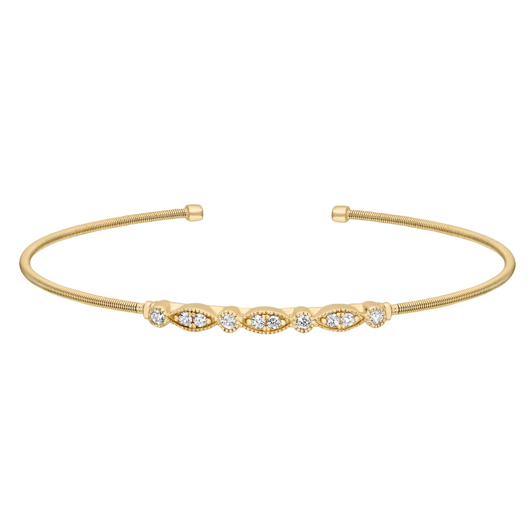 Gold Finish Sterling Silver Cable Cuff Bracelet with Marquis/Round Design