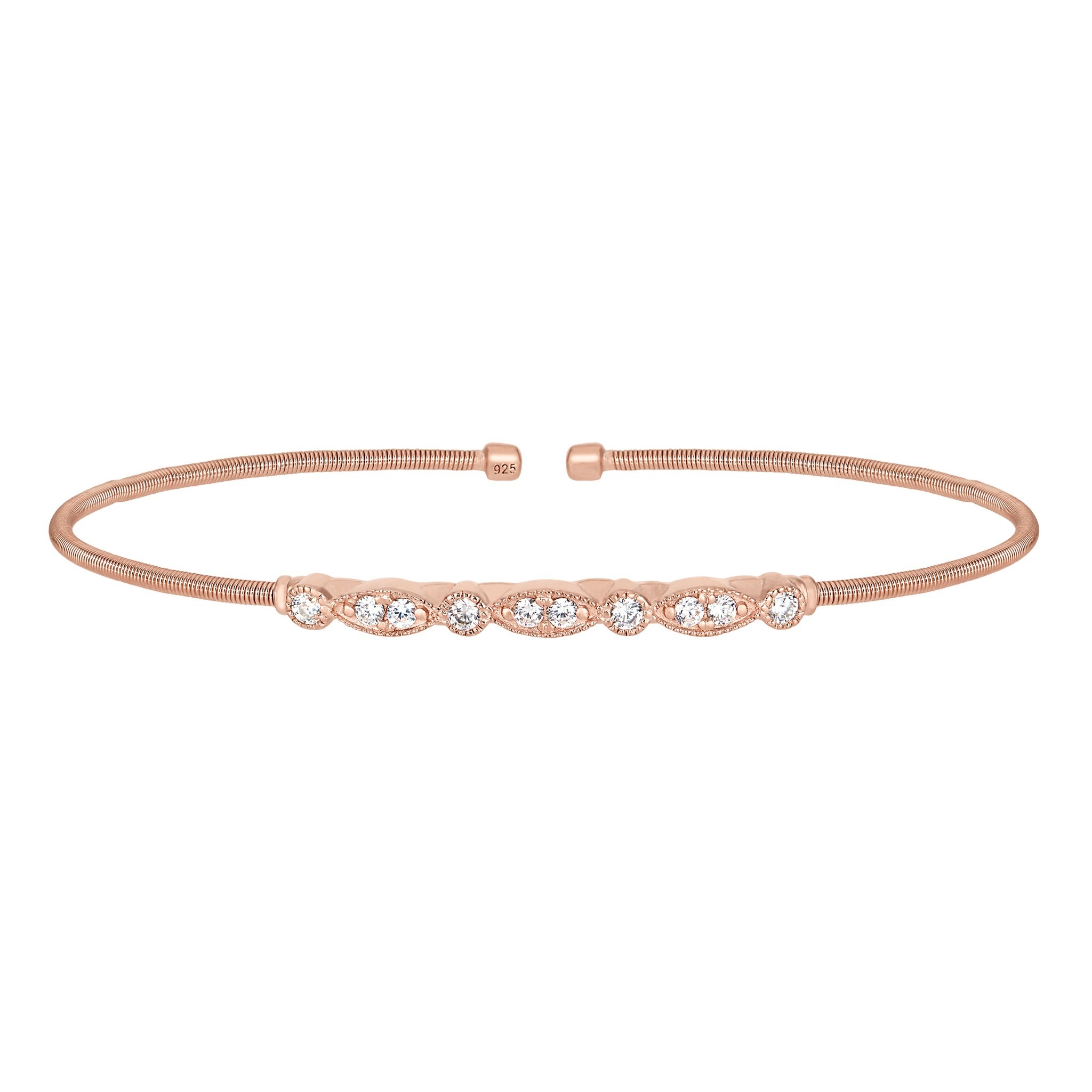 Rose Gold Finish Sterling Silver Cable Cuff Bracelet w/Simulated Diamond Marquis/Round Design