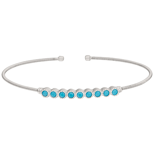 Rhodium Finish Sterling Silver Cable Cuff Bracelet w/Beaded Bezel Set Simulated Turquoise
