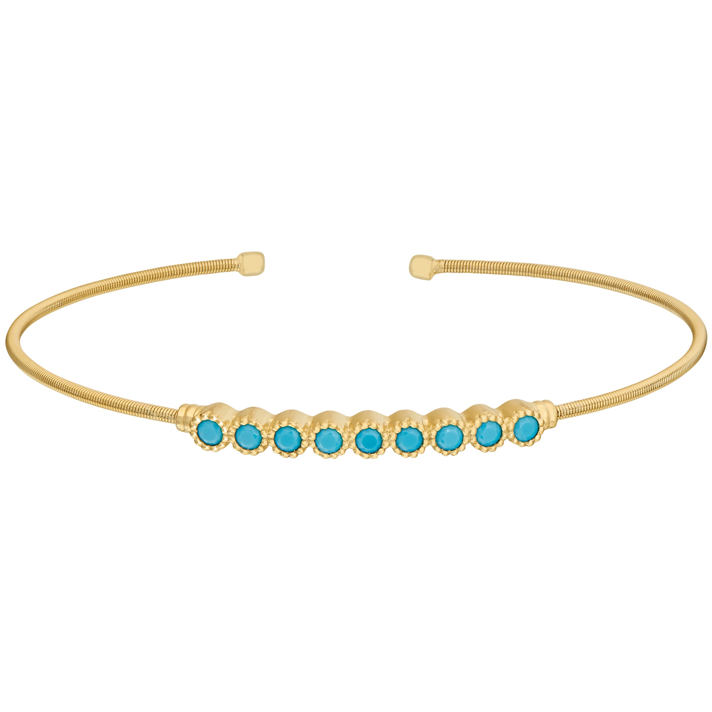 Gold Finish Sterling Silver Cable Cuff Bracelet w/Beaded Bezel Set Simulated Turquoise