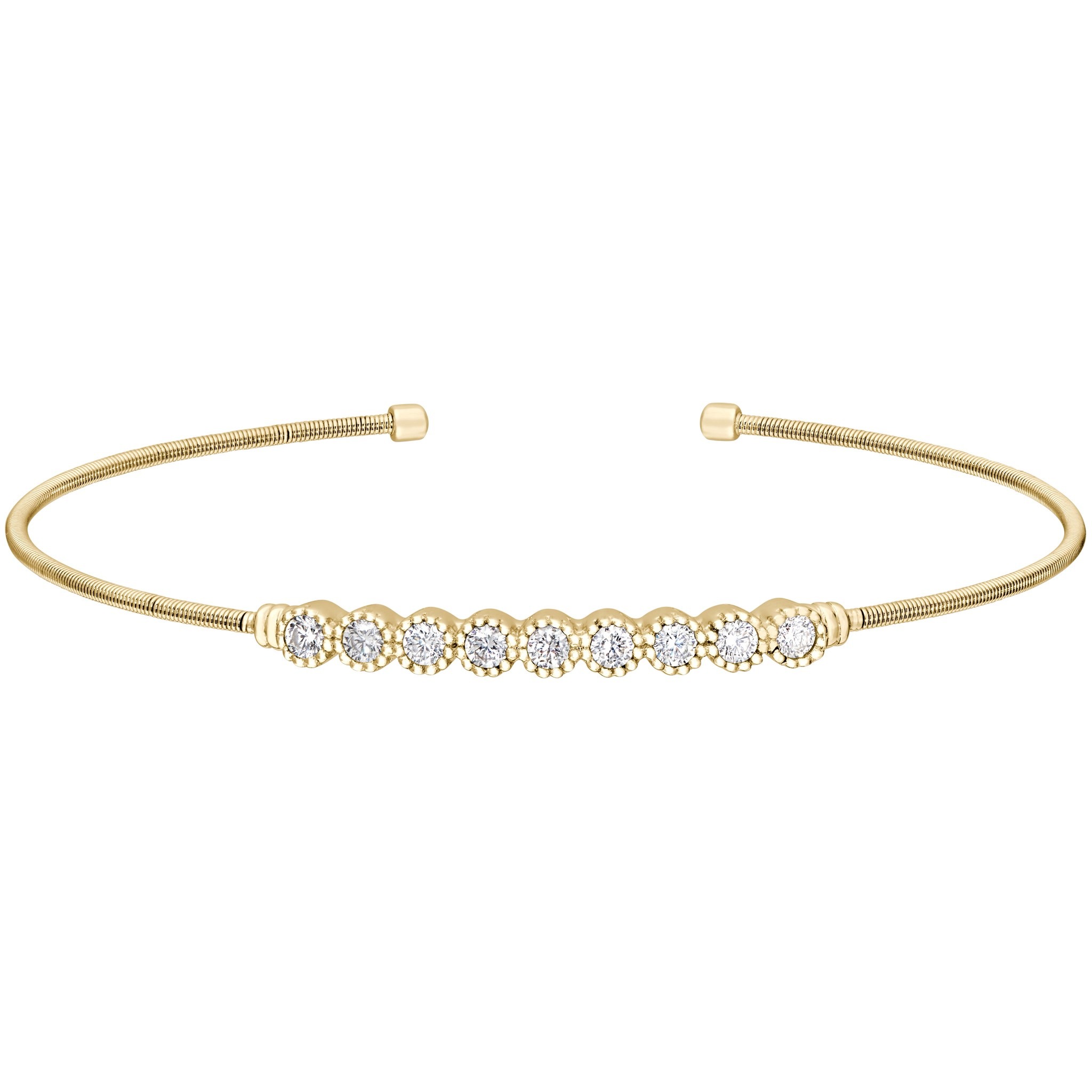 Gold Finish Sterling Silver Cable Cuff Bracelet with Beaded Bezel Set Simulated Diamonds