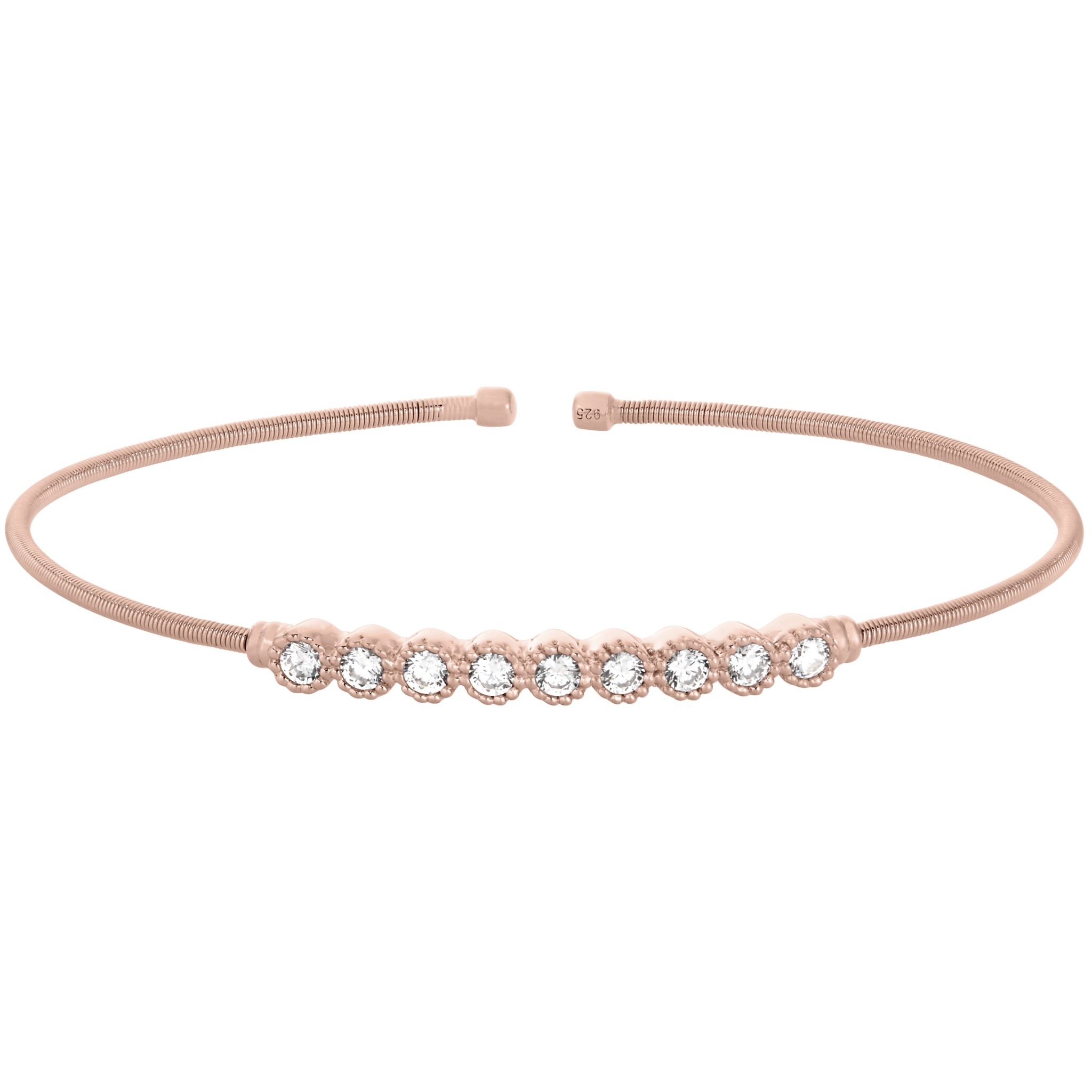 Rose Gold Finish Sterling Silver Cable Cuff Bracelet with Beaded Bezel Set Stones