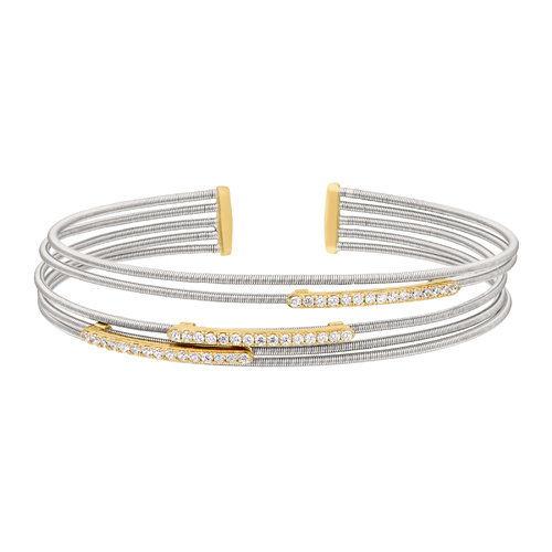 Rhodium Finish Sterling Silver Multi Cable Cuff Bracelet w/Gold Finish Simulated Diamond Horizontal Bars