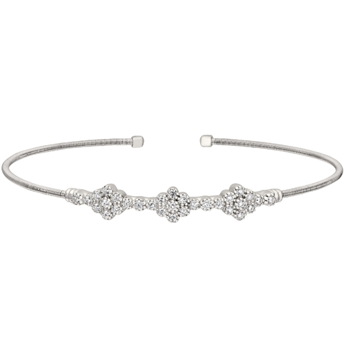 Rhodium Finish Sterling Silver Cable Cuff Bracelet w/Three Clusters of Simulated Diamonds