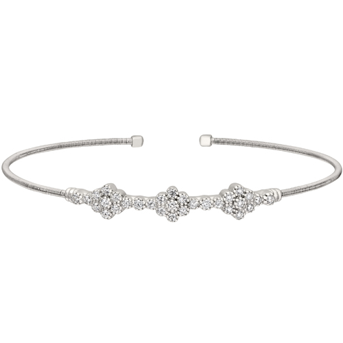 Rhodium Finish Sterling Silver Cable Cuff Bracelet w/Three Clusters