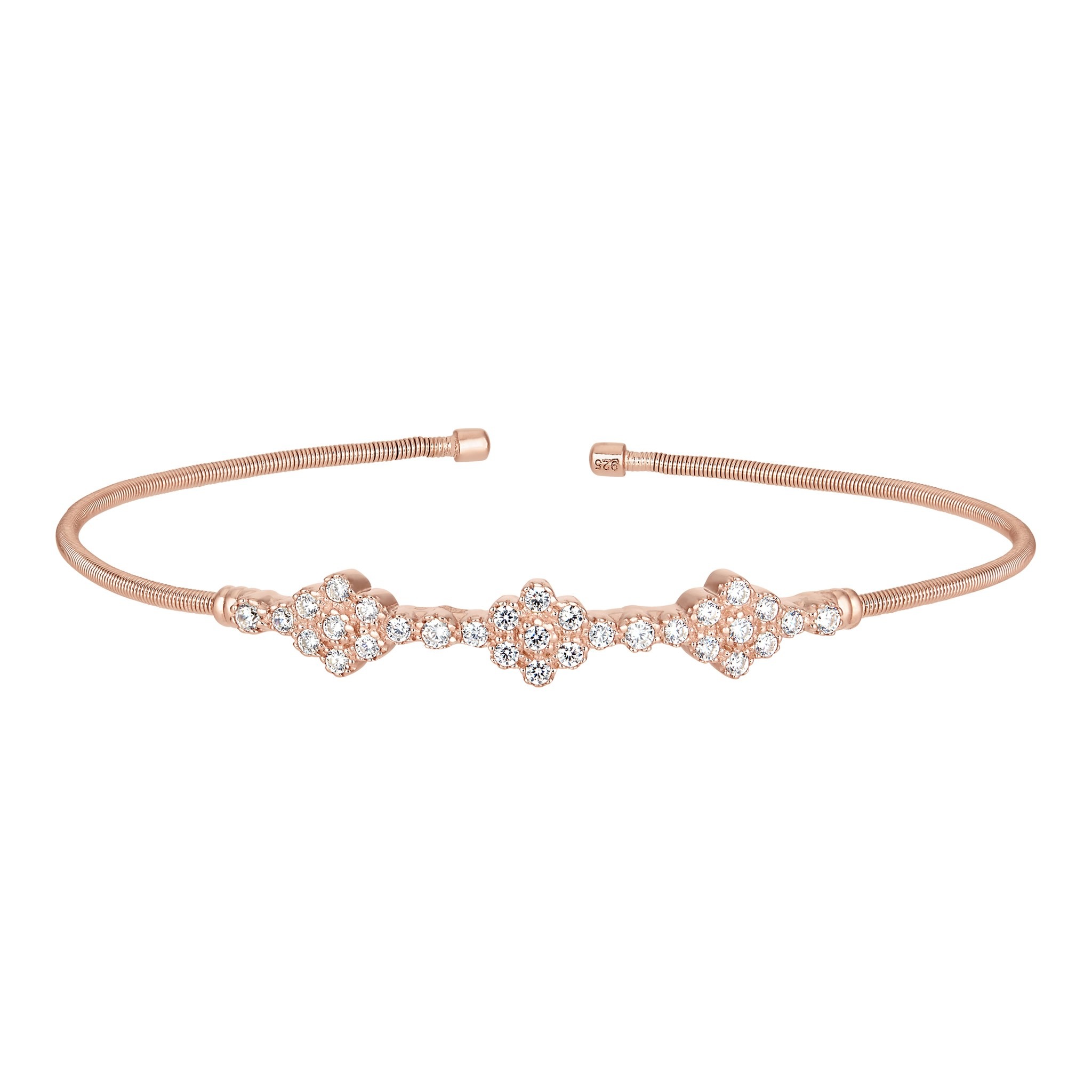 Rose Gold Finish Sterling Silver Cable Cuff Bracelet w/Three Clusters of Simulated Diamonds