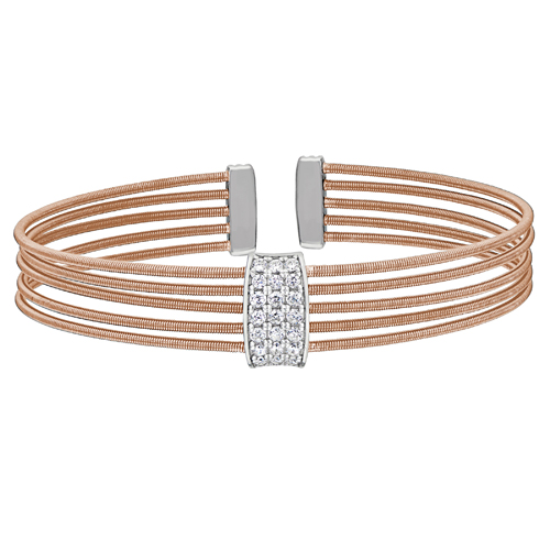 Rose Gold Finish Sterling Silver Multi Cable Cuff Bracelet w/Rhodium Finish Simulated Diamond Three Rows