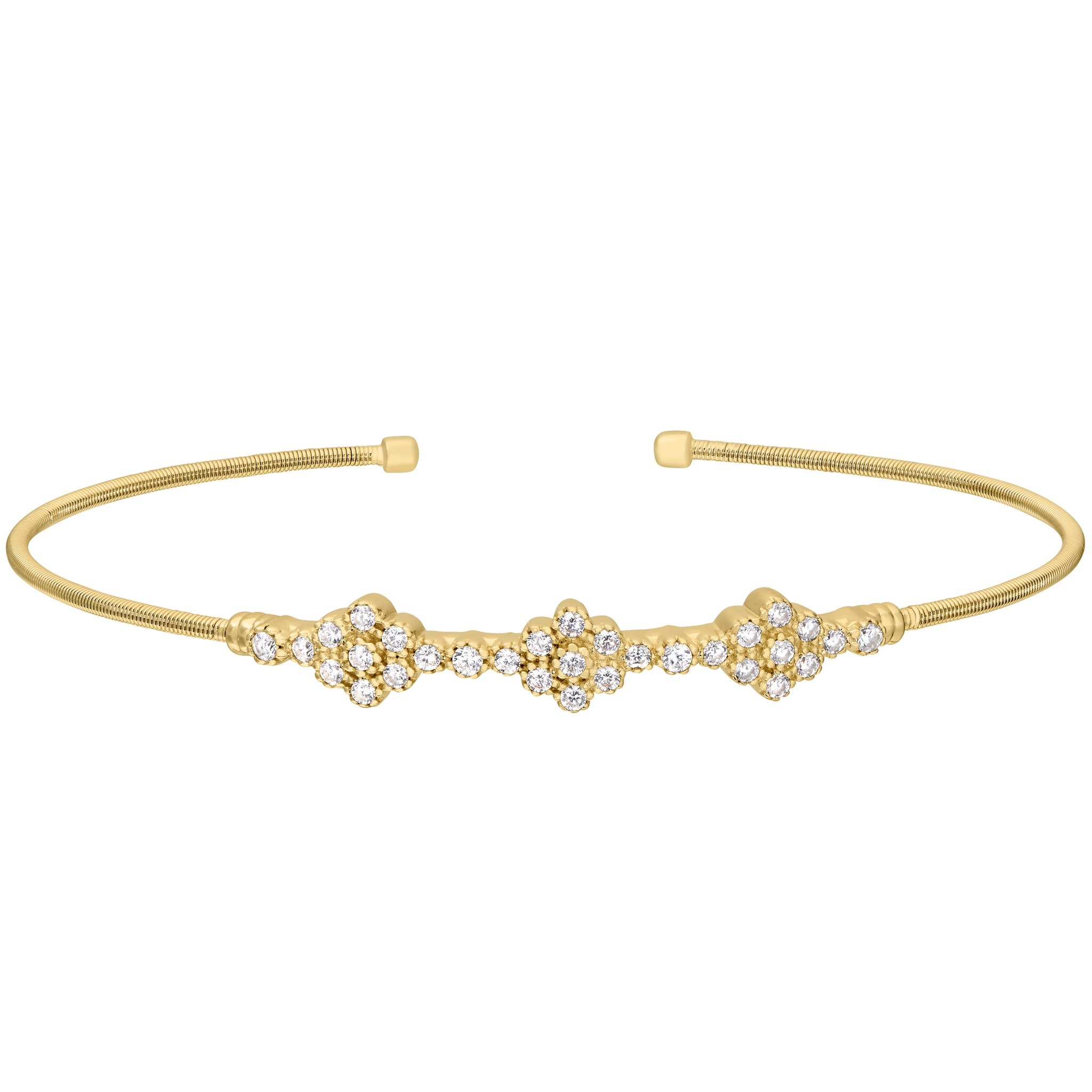 Gold Finish Sterling Silver Cable Cuff Bracelet w/Three Clusters of Simulated Diamonds