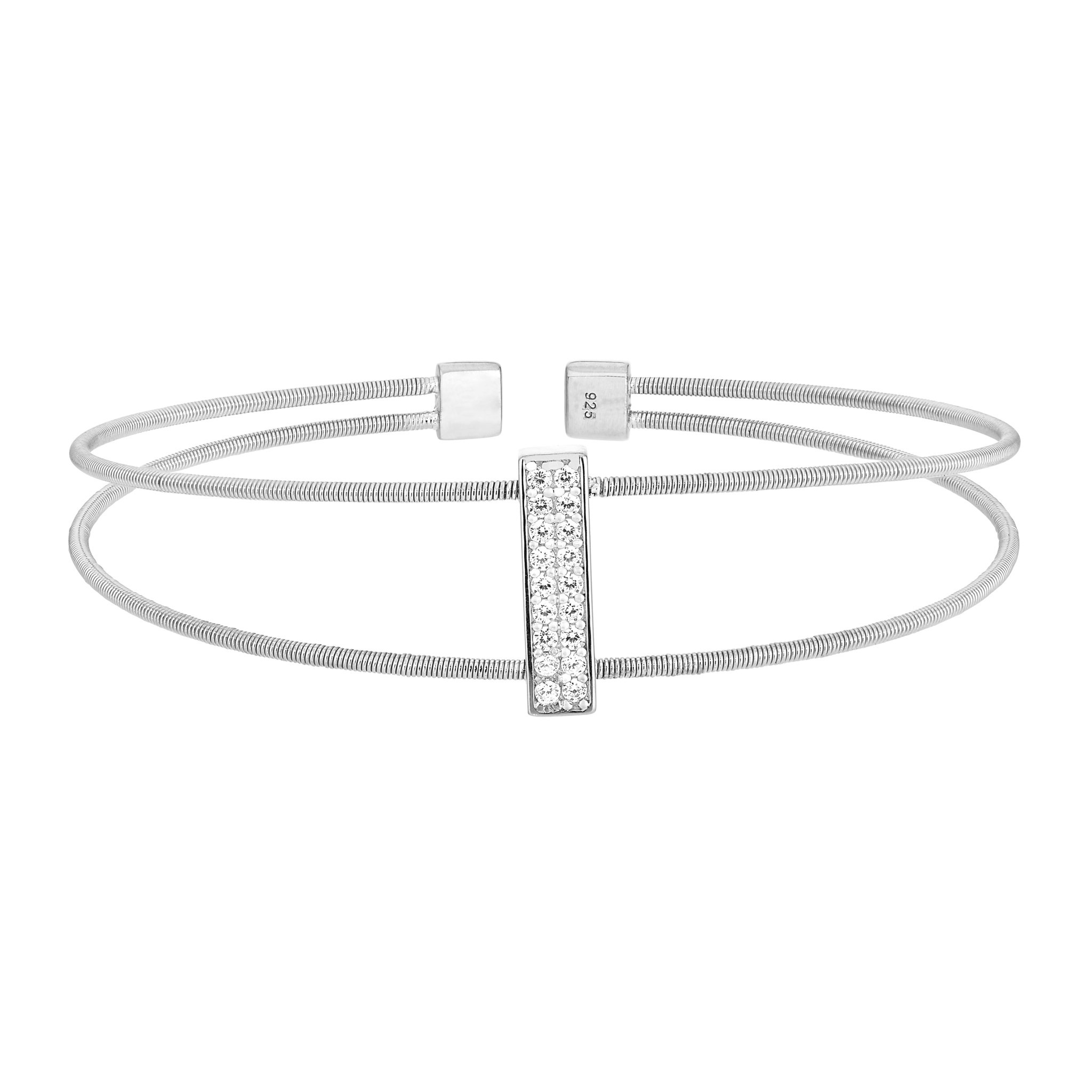 Rhodium Finish Sterling Silver Two Cable Cuff Bracelet with Rhodium Finish Simulated Diamond Double Row Vertical Bar