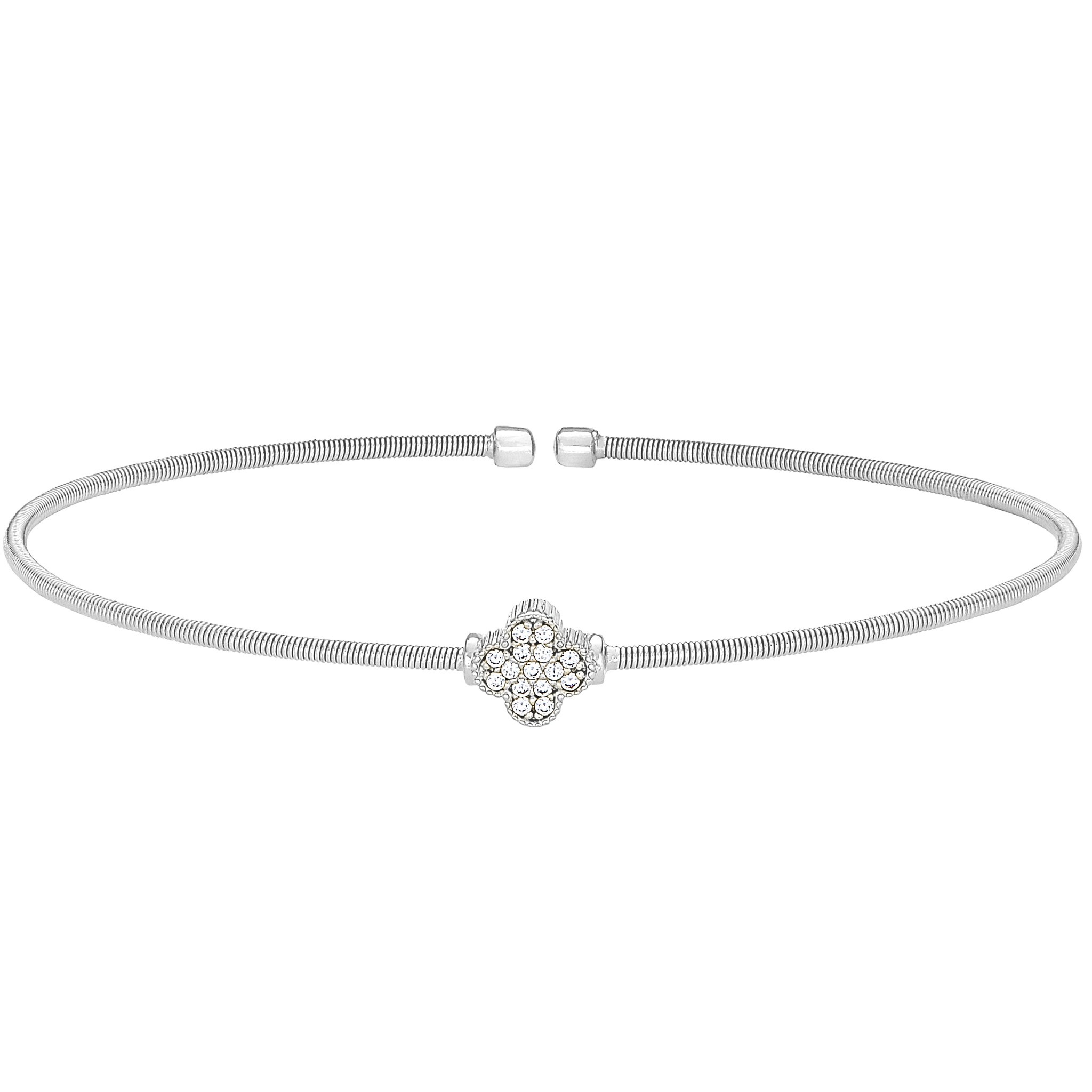 Rhodium Finish Sterling Silver Cable Cuff Bracelet with Clover Design