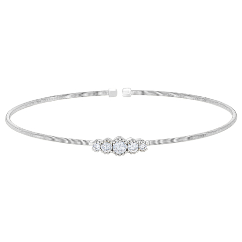 Rhodium Finish Sterling Silver Cable Cuff Bracelet w/Five Graduated Stones