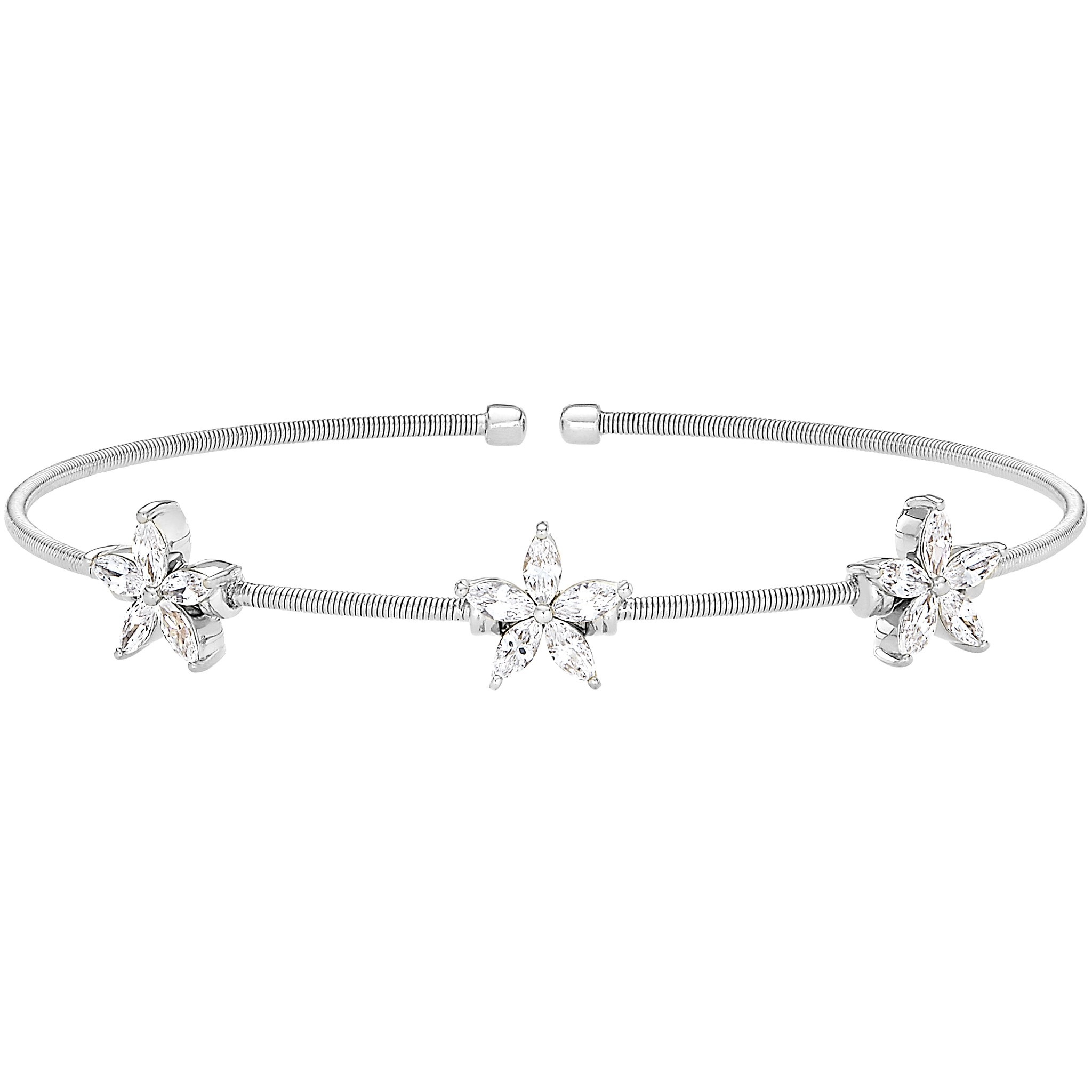Rhodium Finish Sterling Silver Cable Cuff Bracelet with Simulated Diamond Flowers