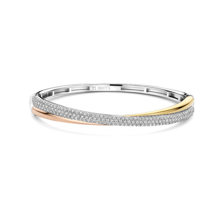 TI SENTO Sterling Silver, Gold-plate with Pave Zirconia Bangle Bracelet l Medium
