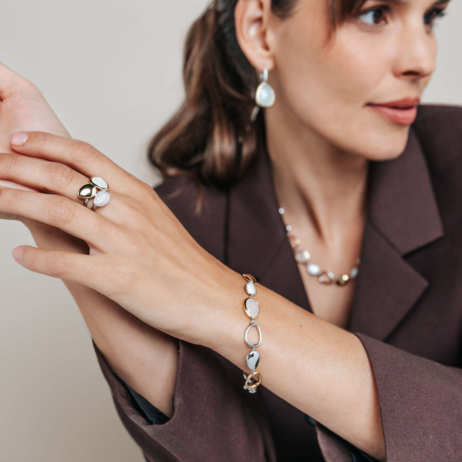 TI SENTO Sterling Silver, Gold-plate Mother of Pearl and Zirconia Link Bracelet l 6 9/10 inches