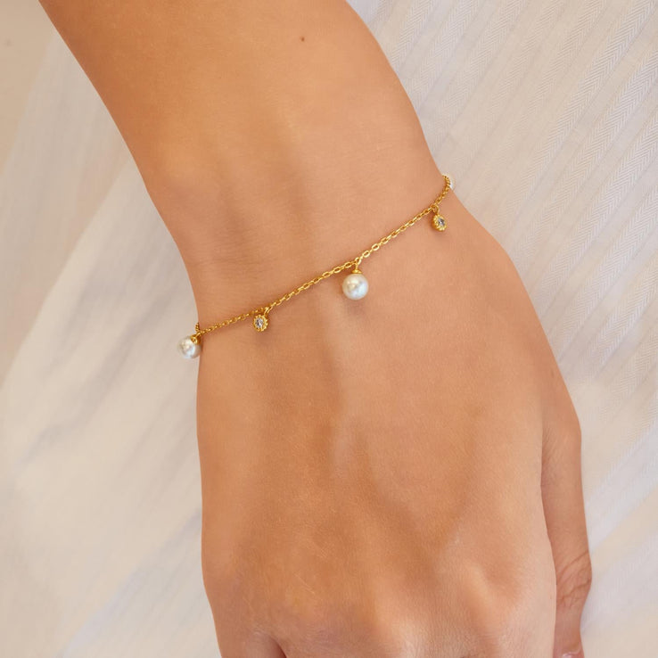 ANIA HAIE Sterling Silver, Gold-plate Shell Pearl and Zirconia Charm Bracelet l 6.5-7 inches
