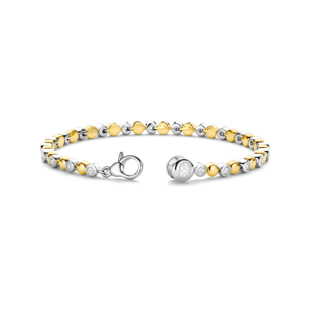 TI SENTO 23066ZY, Silver, Gold-plate Zirconia Bead Link Bracelet l 7 1/2 inches