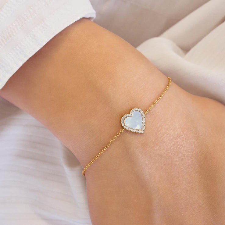 ANIA HAIE Sterling Silver, Gold-plate Mother of Pearl and Zirconia Heart Bracelet l 6.5-7 inches