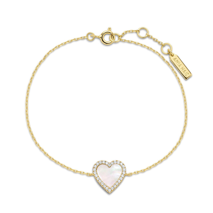 ANIA HAIE Sterling Silver, Gold-plate Mother of Pearl and Zirconia Heart Bracelet l 6.5-7 inches