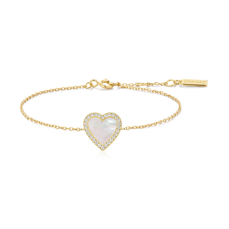 ANIA HAIE Sterling Silver, Gold-plate Mother of Pearl and Zirconia Heart Bracelet l 6.5-7 inches