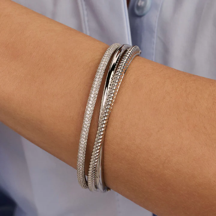 TI SENTO Sterling Silver Zirconia Structures Bangle Bracelet l 7 1/4 inches