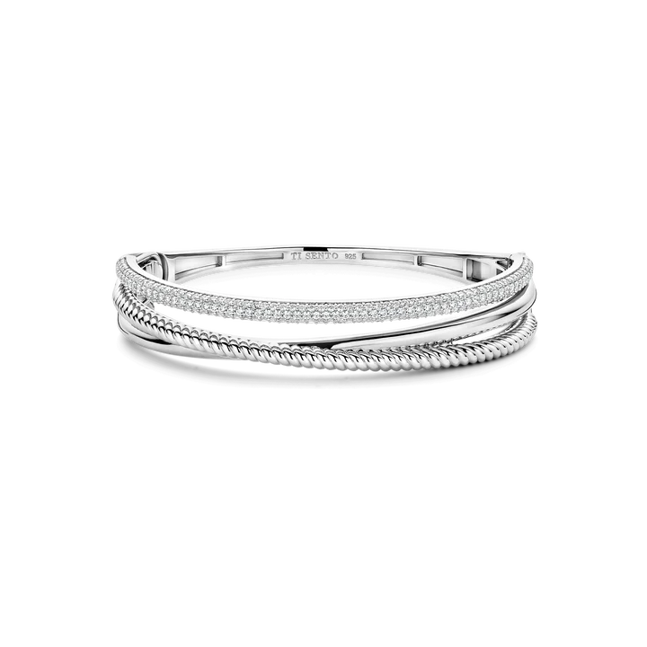 TI SENTO Sterling Silver Zirconia Structures Bangle Bracelet l 7 1/4 inches