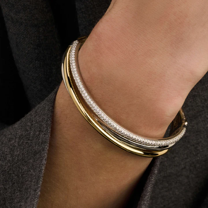 TI SENTO 18k Gold Vermeil and Sterling Silver Zirconia Structures Bangle Bracelet l 7 1/4