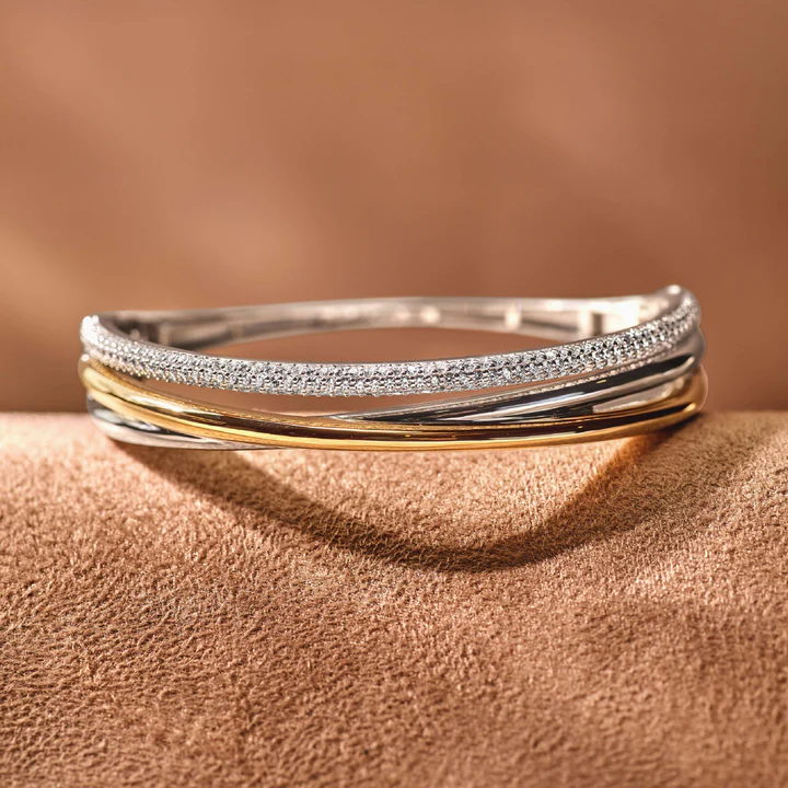 TI SENTO 18k Gold Vermeil and Sterling Silver Zirconia Structures Bangle Bracelet l 7 1/4