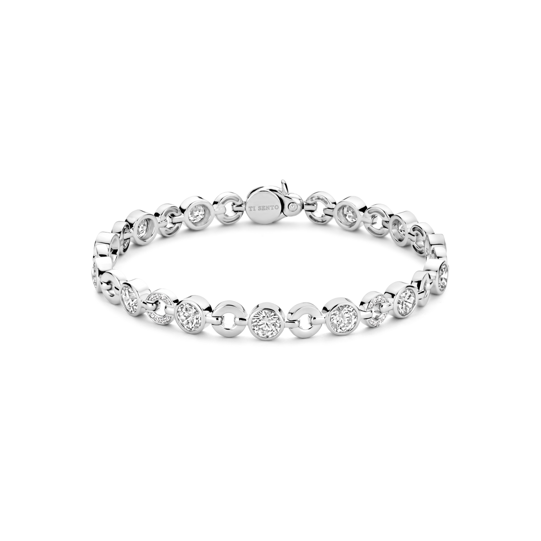 TI SENTO Sterling Silver Bezel-Set Zirconia and Circle Link Bracelet l 7 inches