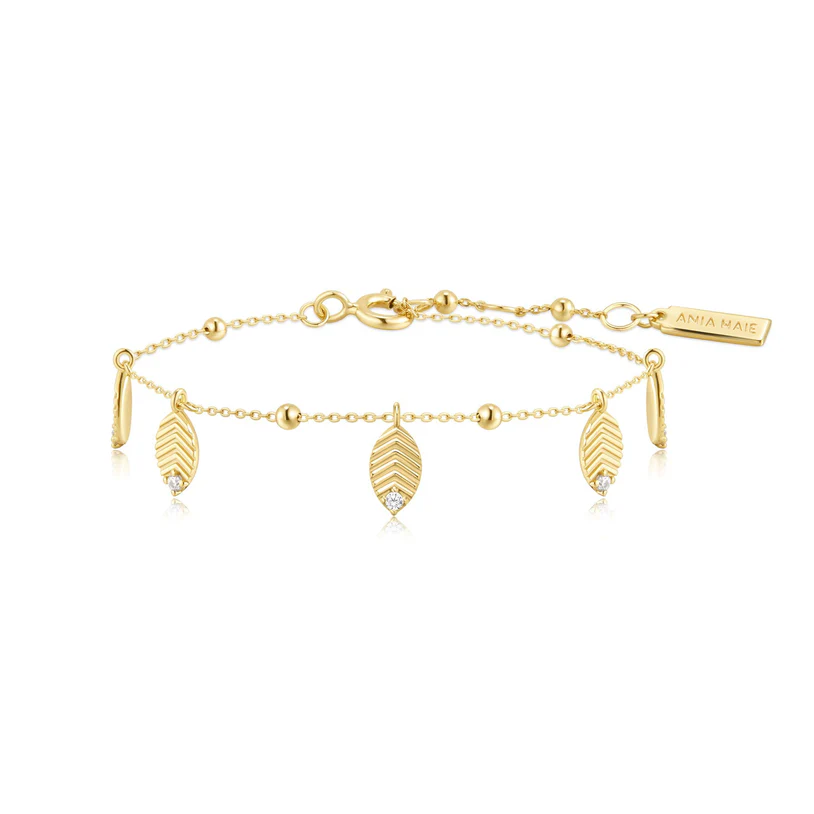 ANIA HAIE Sterling Silver, Gold-Plate Cubic Zirconia Leaf Station Bracelet