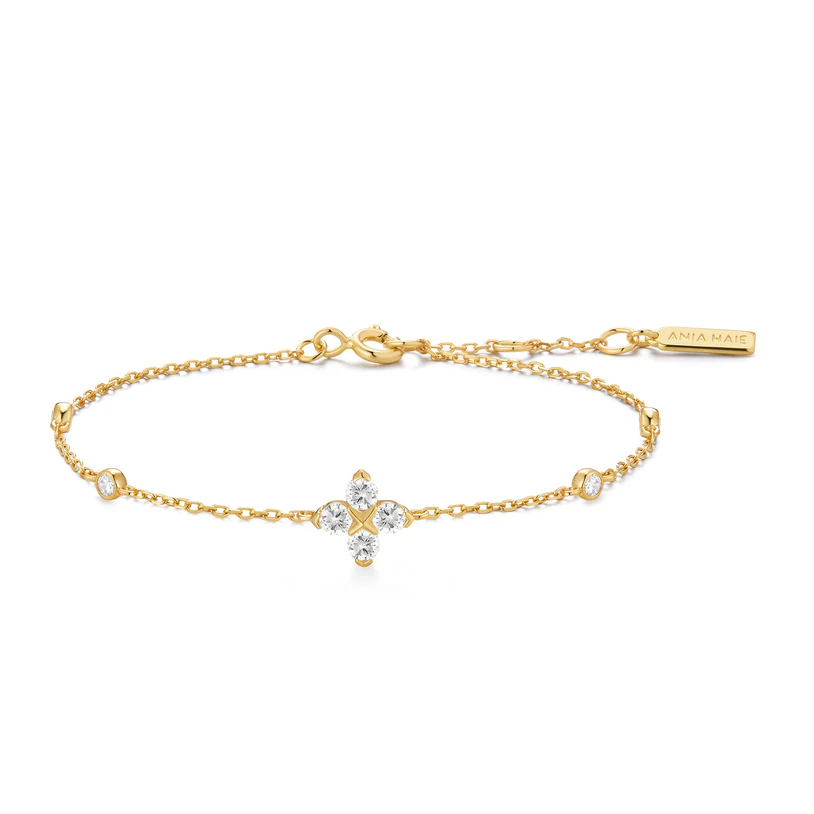 ANIA HAIE Sterling Silver, Gold-Plate Zirconia Sparkling Lucky Clover Bracelet