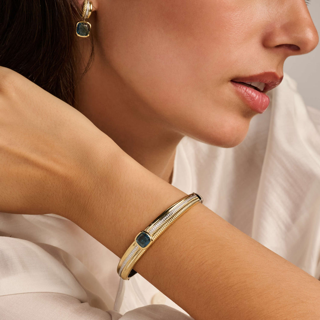 Sterling Silver and 18k Gold Vermeil Blue Cushion Structure Bangle l 7 inches