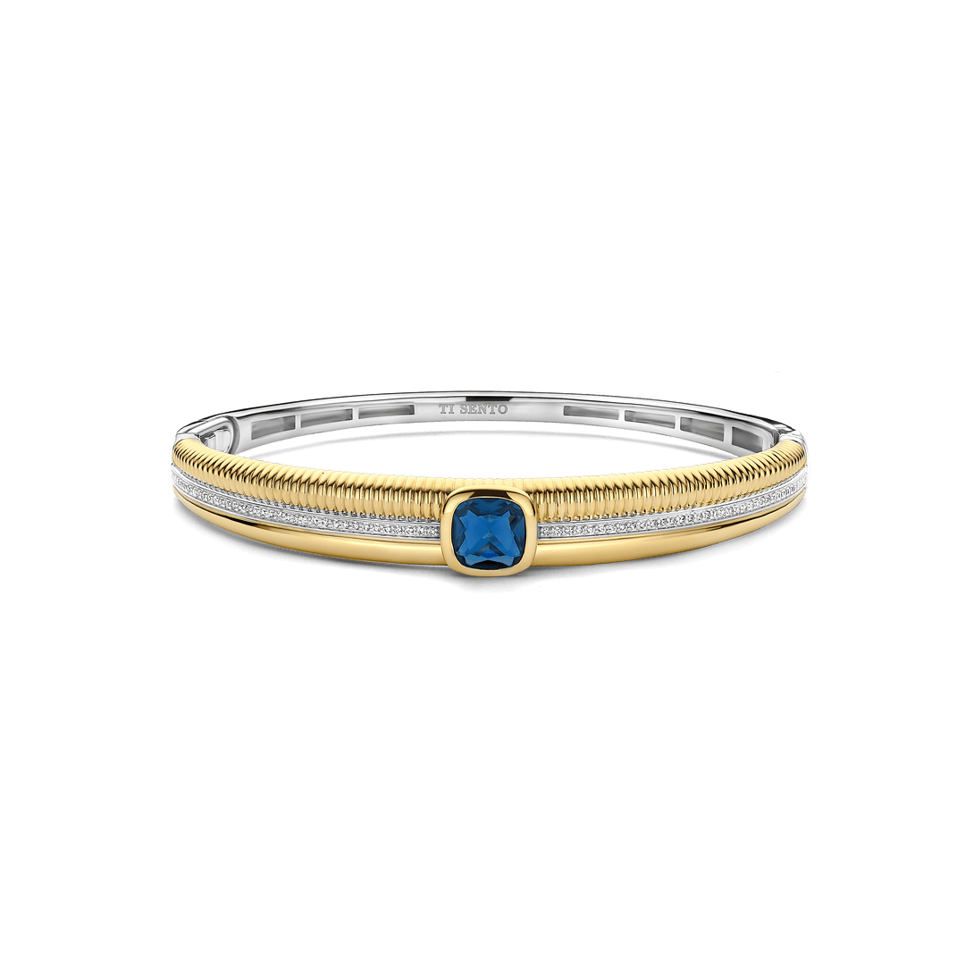 Sterling Silver and 18k Gold Vermeil Blue Cushion Structure Bangle l 7 inches