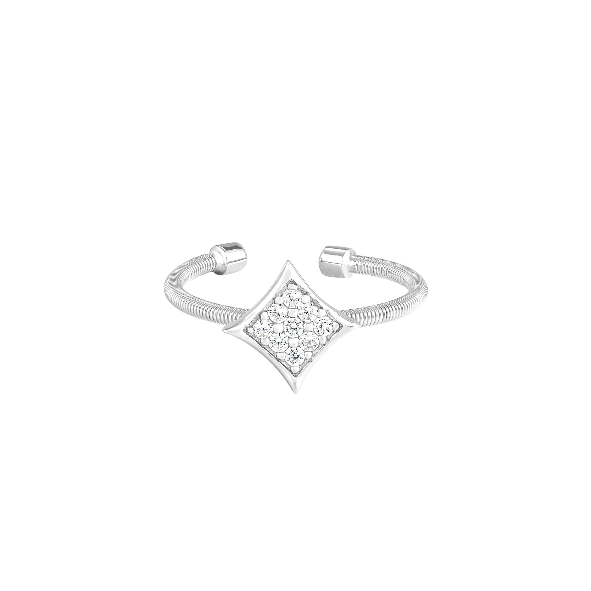 Rhodium Finish Sterling Silver Cable Cuff Diamond Shaped Ring with Simulated Diamonds