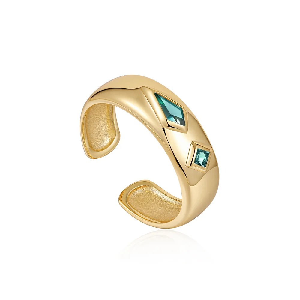 ANIA HAIE Gold Teal Sparkle Emblem Thick Band Ring