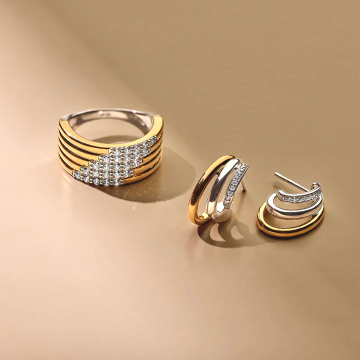 TI SENTO 18k Gold Vermeil and Sterling Silver Stardust Zirconia Layered Ring - L model l 7.75