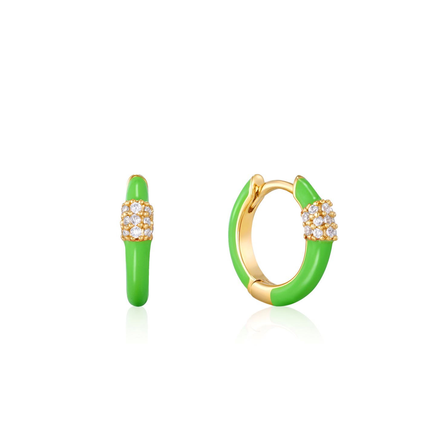 925 14KGP Neon Green Enamel Carabiner Gold Huggie Hoop Earrings