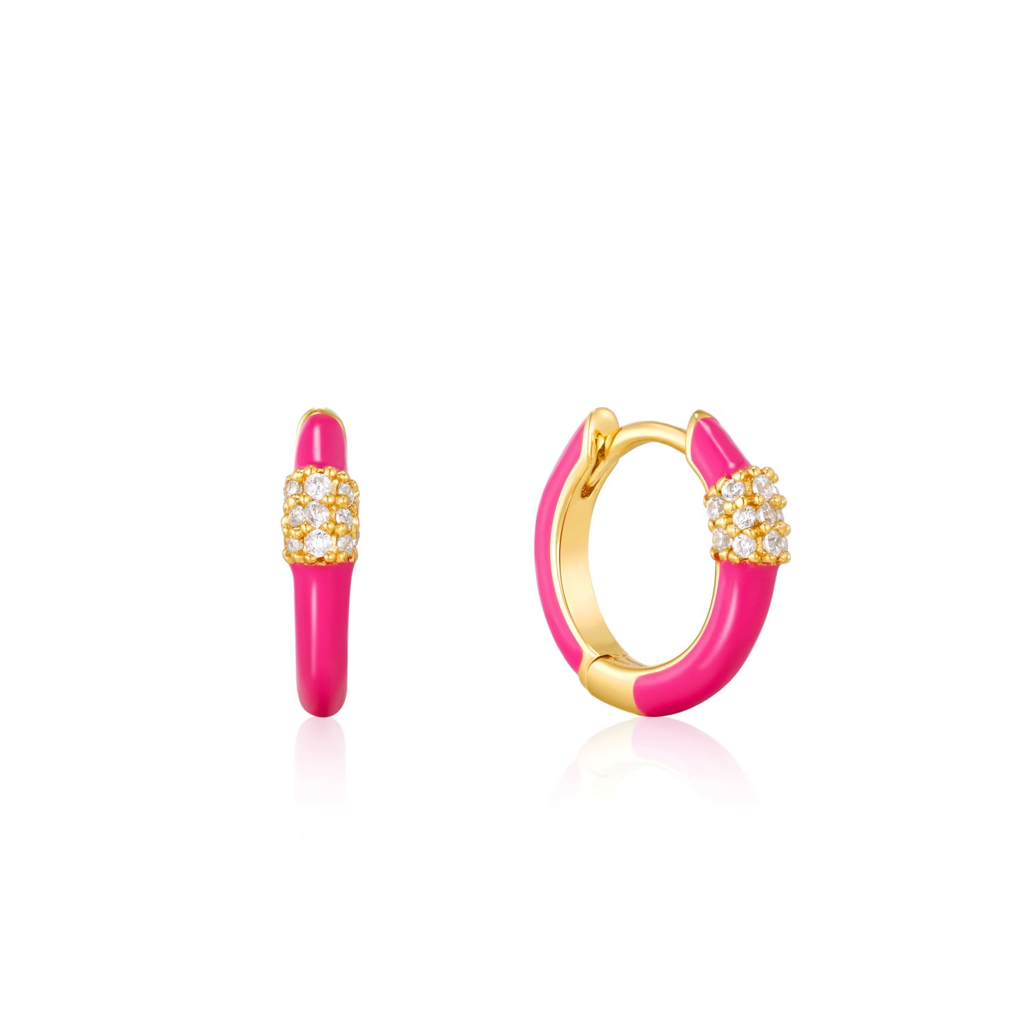 925 14KGP Neon Pink Enamel Carabiner Gold Huggie Hoop Earrings